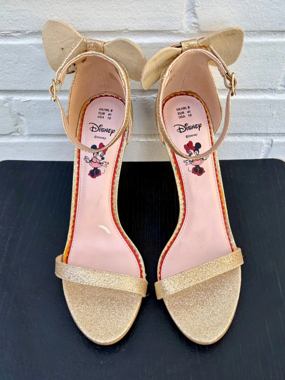 Primark x Disney Minnie Mouse Gold Glitter Bow Ankle-Strap Stiletto Heels, SZ 10